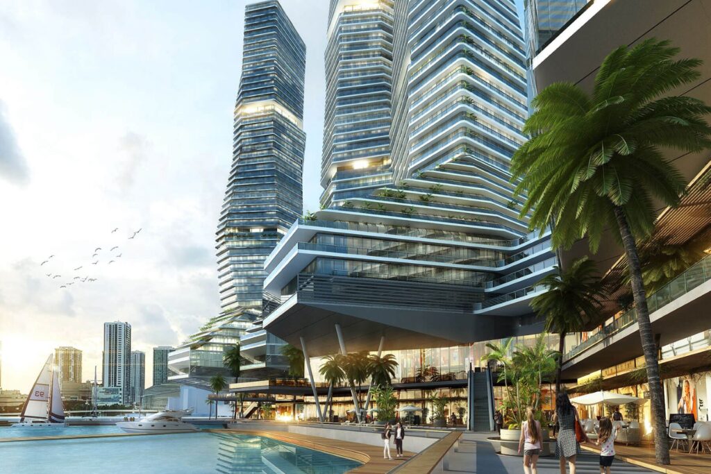 Render del proyecto de ultralujo Miami Bay Towers que diseñan para el terreno de la antigua sede del Miami Herald