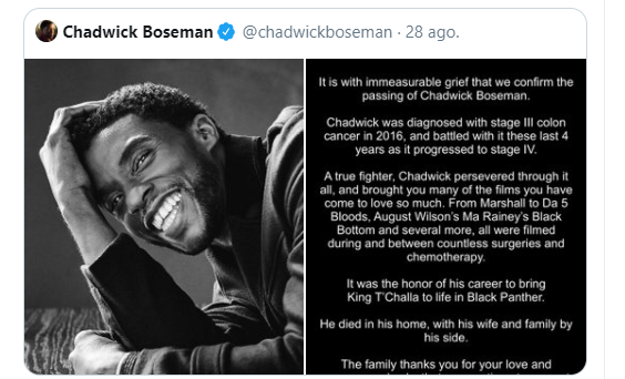 Tweet que anunció la partida de Boseman es el de más “likes” en la red