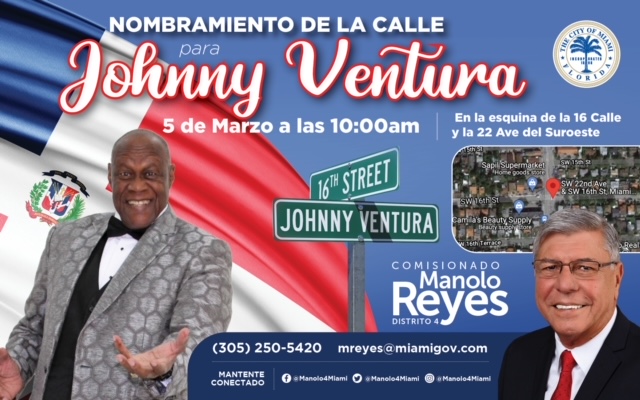 Anuncian ceremonia oficial en Miami designación Calle16 como “Johnny Ventura Way”
