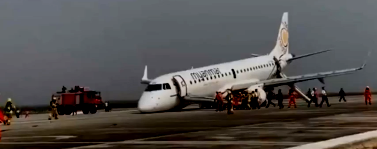 ¡Susto! Avión de Myanmar Airways aterrizó sin ruedas delanteras en el aeropuerto de Birmania