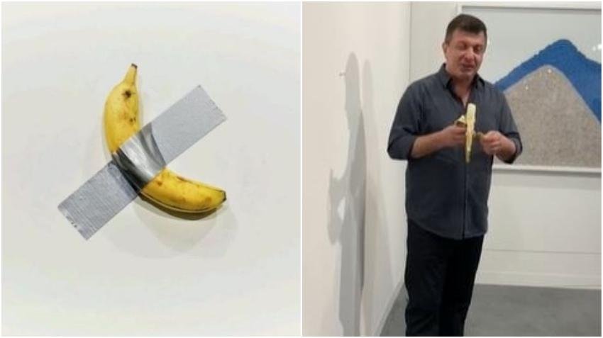 Una banana comida y otra caída resultado de las obras de Maurizio Cattelan en Art Basel Miami