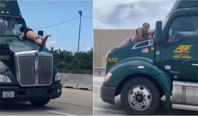 Graban a un hombre aferrado al parabrisas de un camión en curso mientras el conductor intenta tirarlo (VIDEO)
