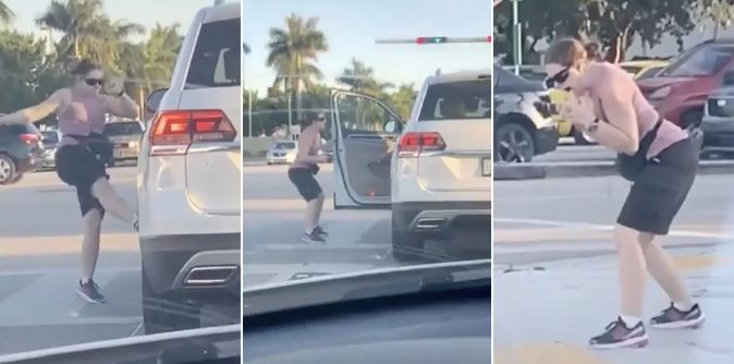 ¡Enloqueció! Mujer desató toda su ira contra carro que se paró en rayado peatonal en Miami (Video)