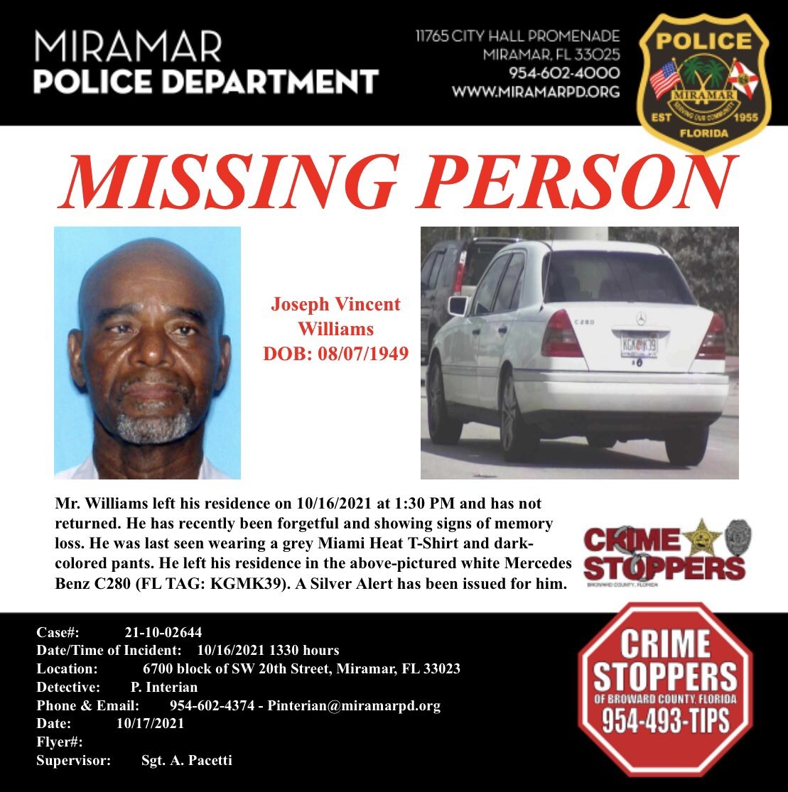 Policía de Miami busca a anciano desaparecido en Miramar