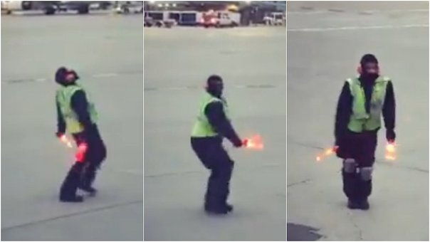 Conozca el video viral y la razón del desenfrenado baile de un empleado en una pista de aterrizaje (Video)